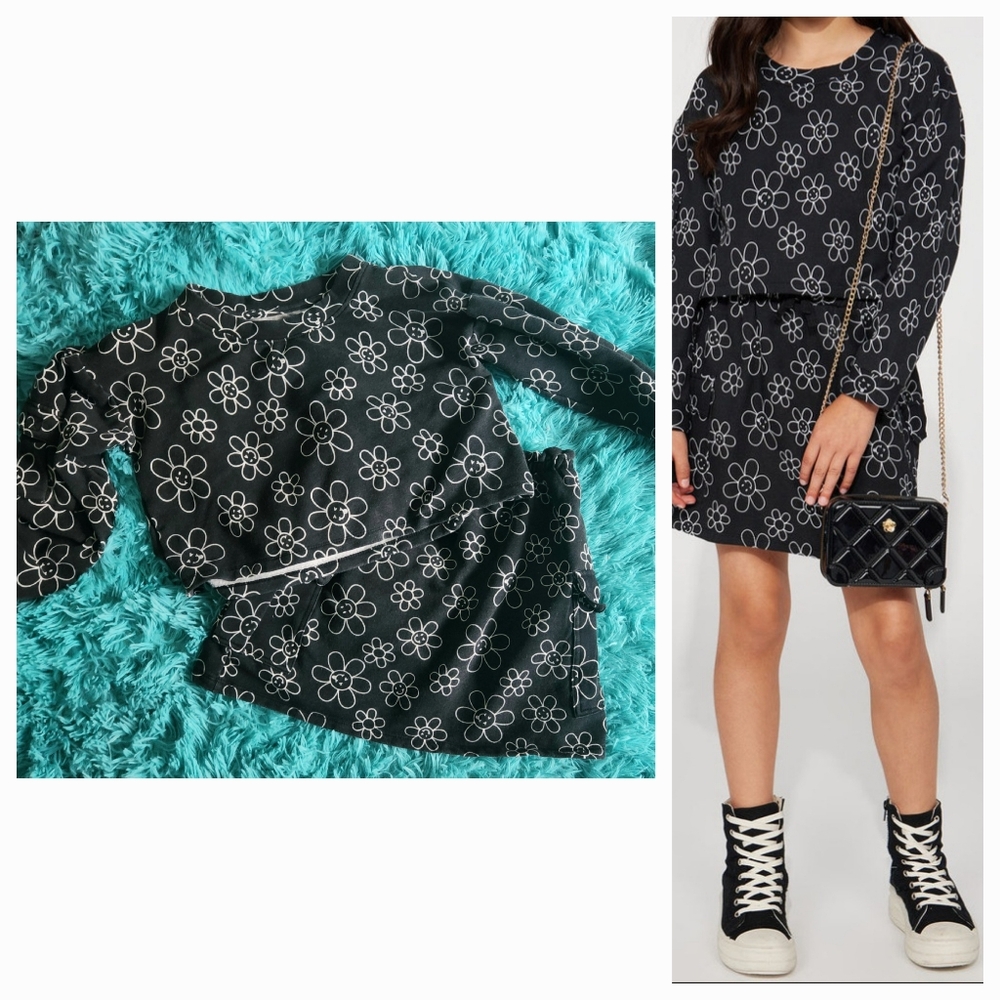 Mini Fleece Smiley Flowers Cargo Skort 2 pcs Set - Black